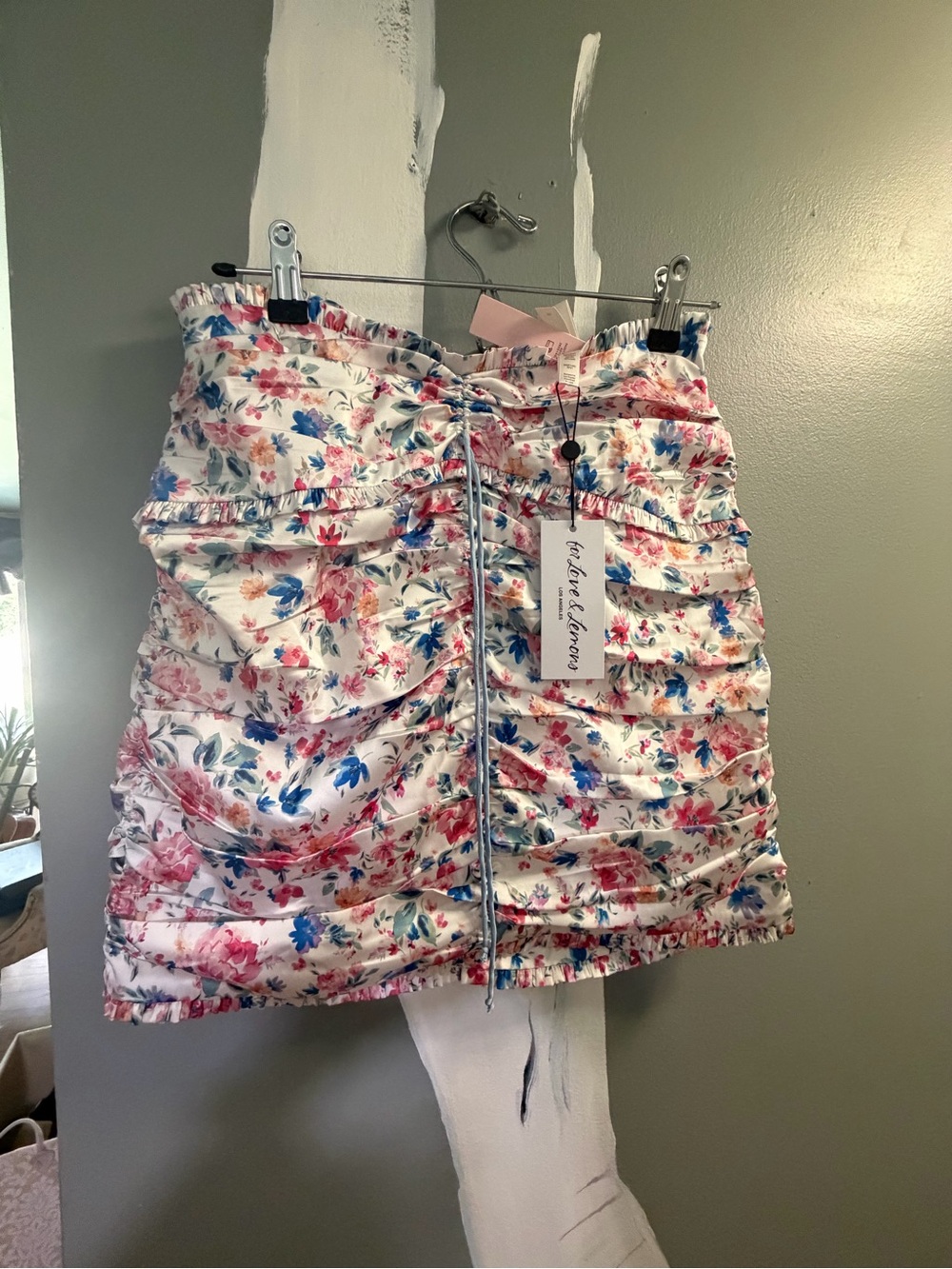 Love and Lemons Floral Ruched Mini Skirt - White with Pink & Blue Floral